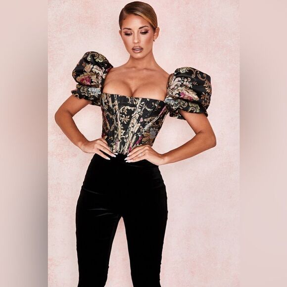 House of CB Isabella Brocade Black Gold Bustier Crop Top Floral Size S - Picture 4 of 12